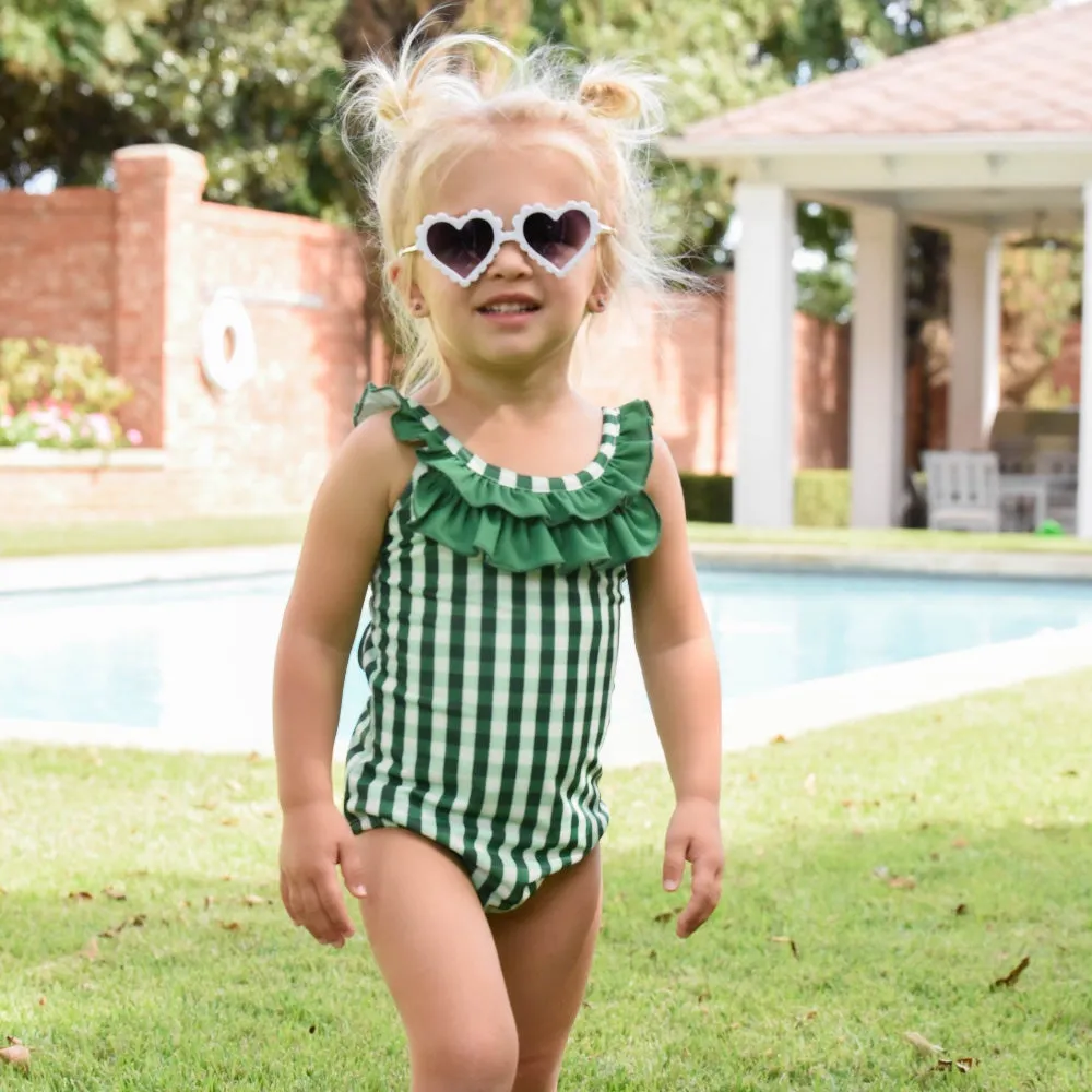 Bow Back Swimsuit - Green Gingham