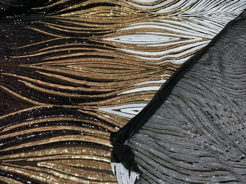 Bridal Black, Gold and White Embroider 4 Way Stretch Sequins Fabric By The Yard