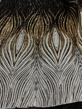 Bridal Black, Gold and White Embroider 4 Way Stretch Sequins Fabric By The Yard