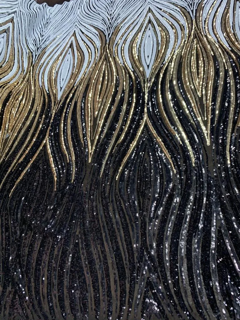 Bridal Black, Gold and White Embroider 4 Way Stretch Sequins Fabric By The Yard