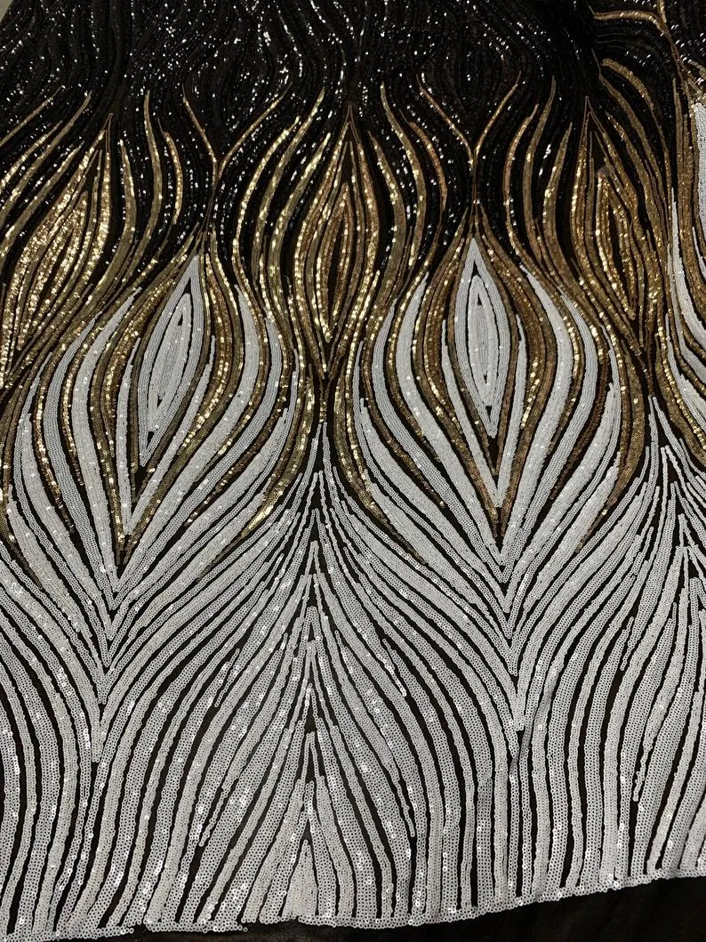 Bridal Black, Gold and White Embroider 4 Way Stretch Sequins Fabric By The Yard