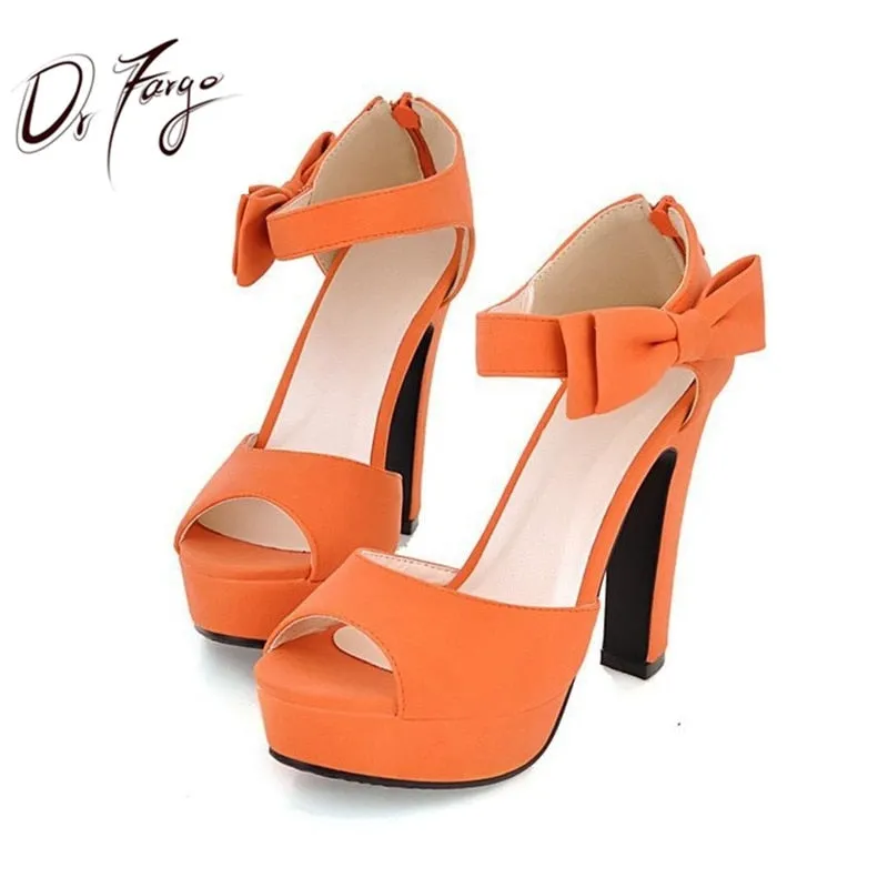 Butterfly Knot bow pump New summer Peep toe Ankle strap orange Sweet Thick