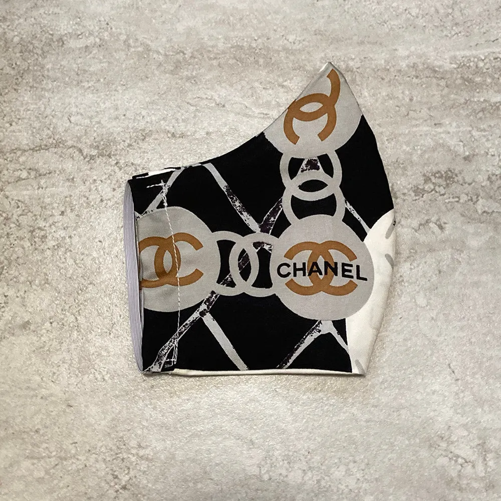 Chanel Black and Grey Silk Scarf Face Mask