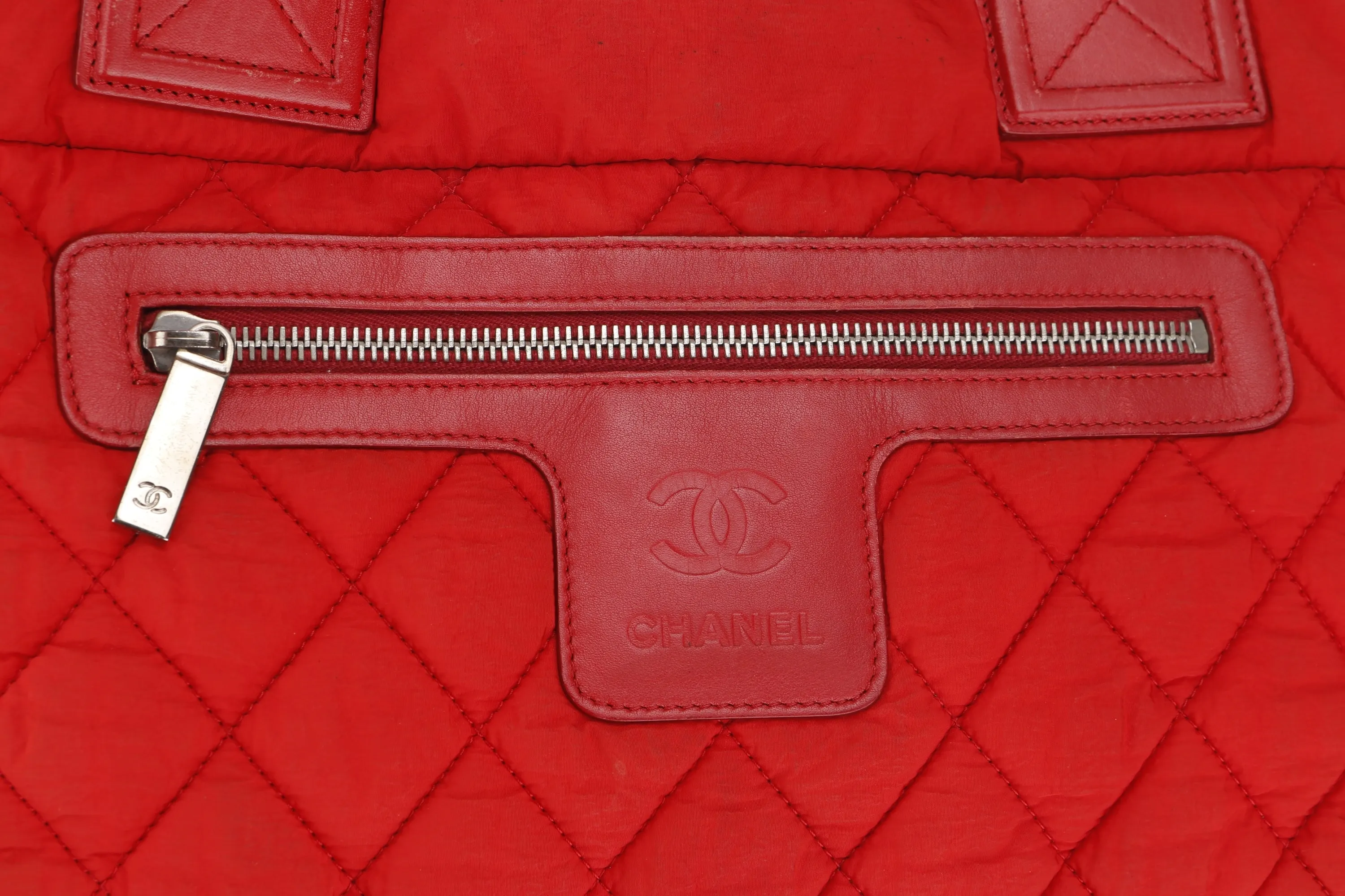 CHANEL COCO COCOON REVERSIBLE BAG (1359xxxx) RED & OLIVER GREEN COLOR NYLON, WITH CARD, NO DUST COVER