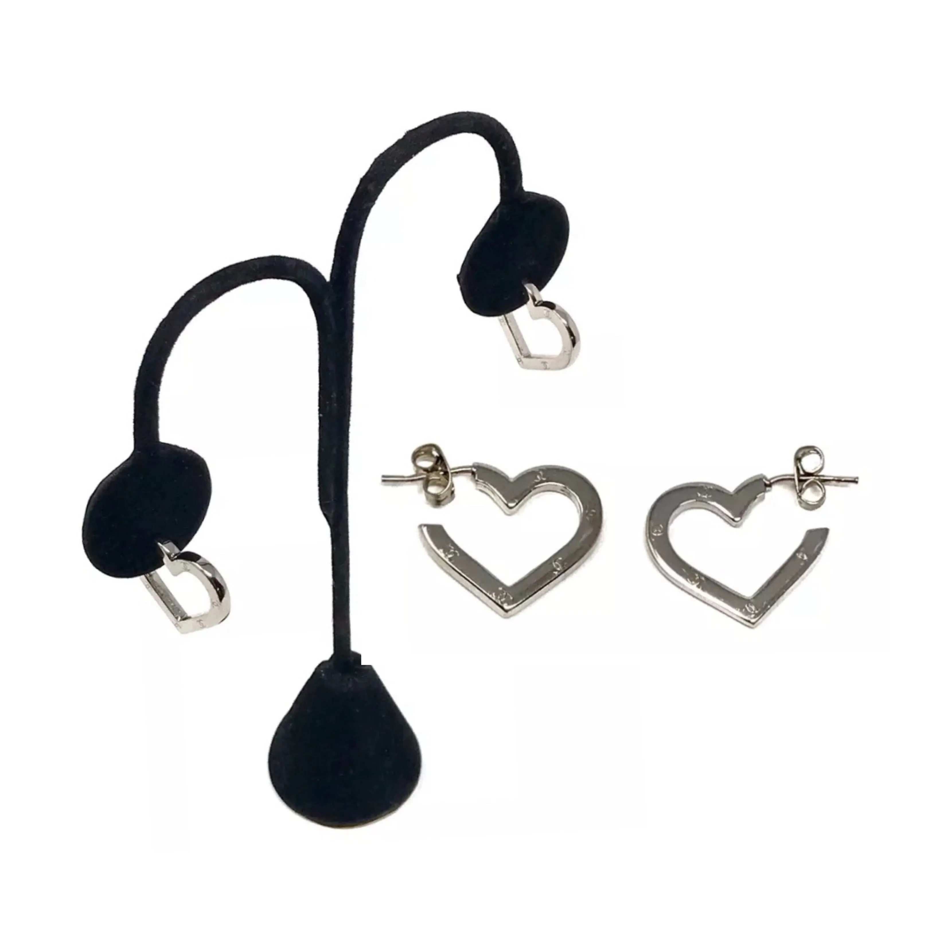 Chanel Heart Hoop Earrings Logo Silver Tone