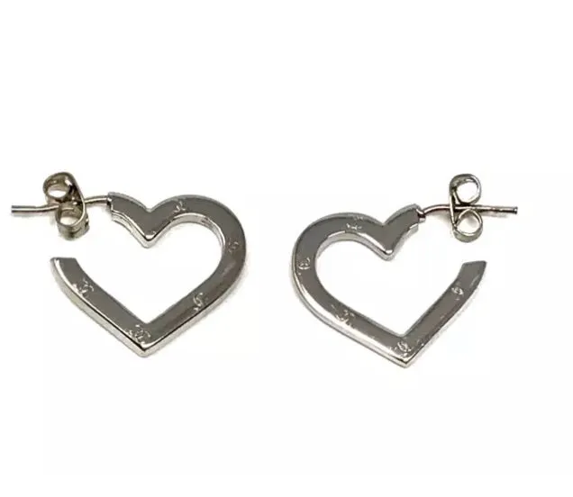 Chanel Heart Hoop Earrings Logo Silver Tone