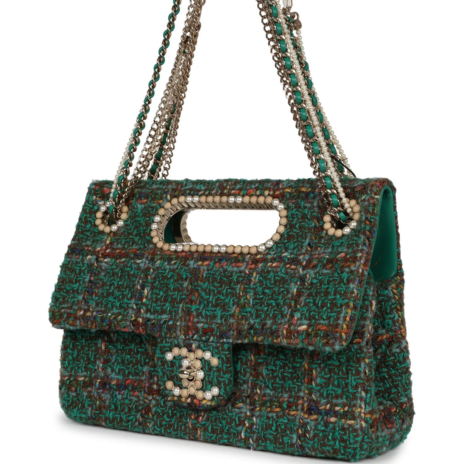 Chanel Large Double Flap Bag with Cut Out Handle and Multi Chain Green Tweed Gold Hardware