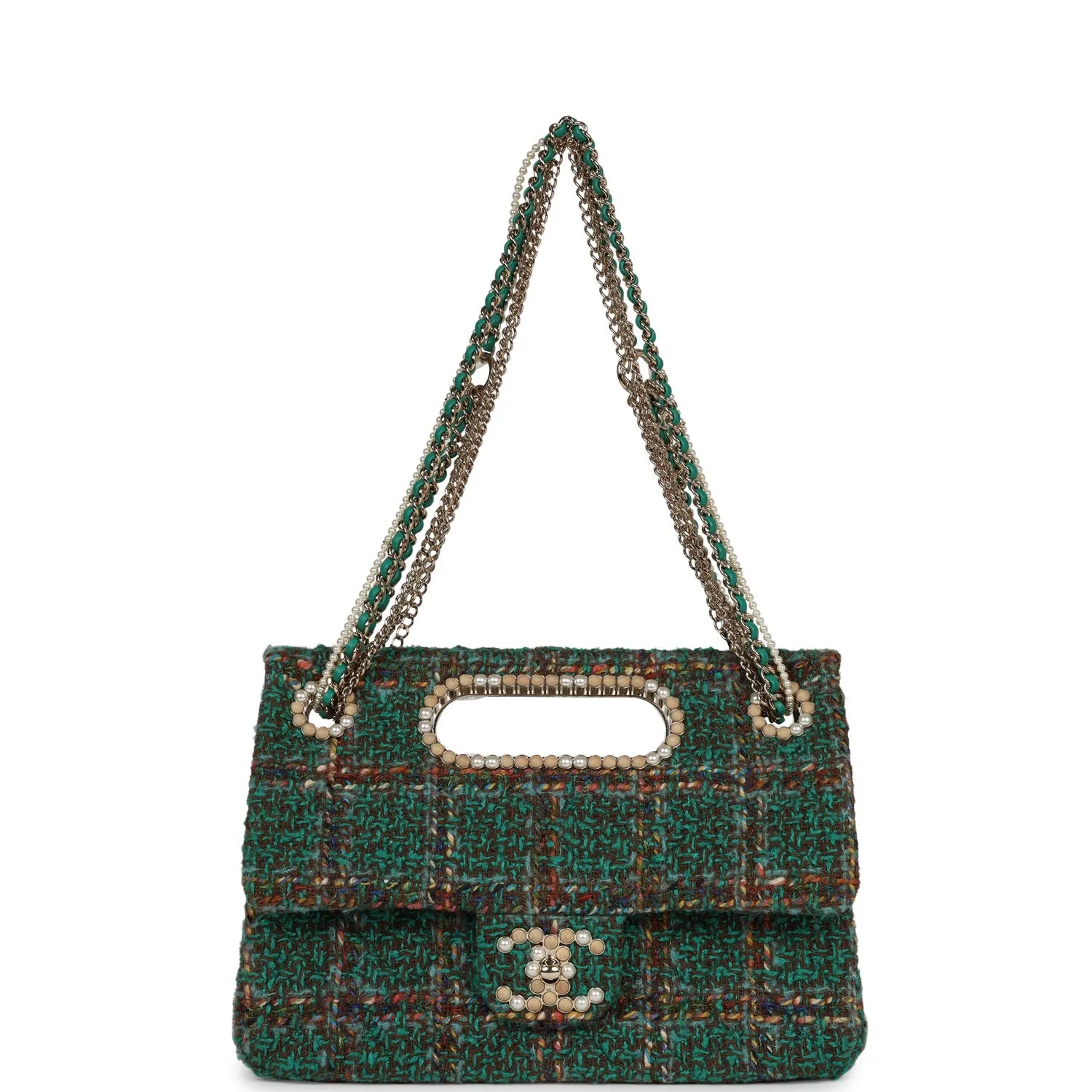 Chanel Large Double Flap Bag with Cut Out Handle and Multi Chain Green Tweed Gold Hardware