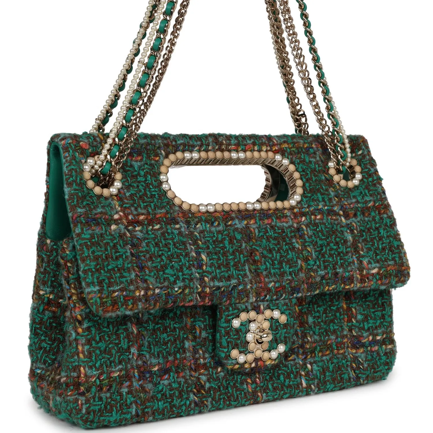 Chanel Large Double Flap Bag with Cut Out Handle and Multi Chain Green Tweed Gold Hardware