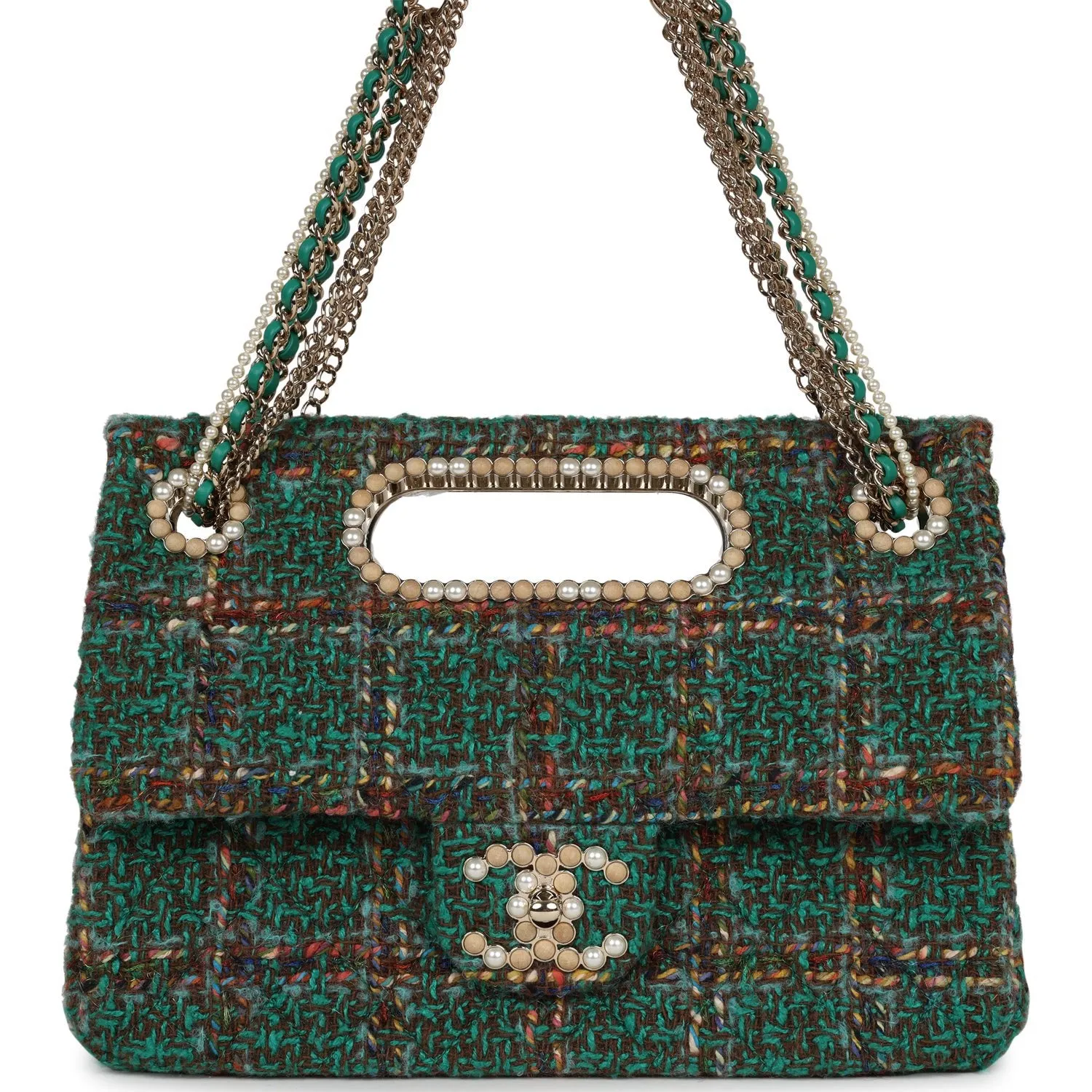 Chanel Large Double Flap Bag with Cut Out Handle and Multi Chain Green Tweed Gold Hardware