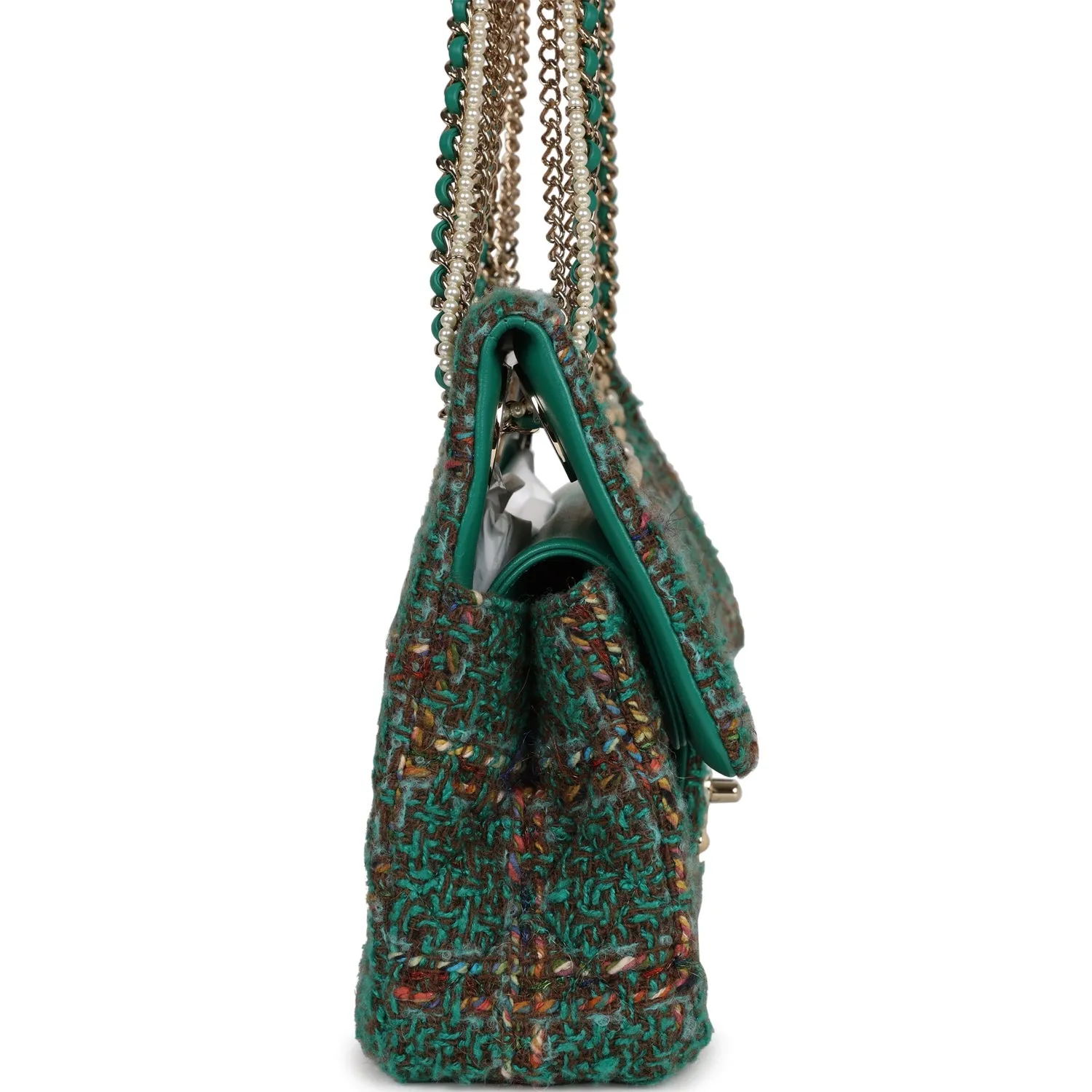 Chanel Large Double Flap Bag with Cut Out Handle and Multi Chain Green Tweed Gold Hardware