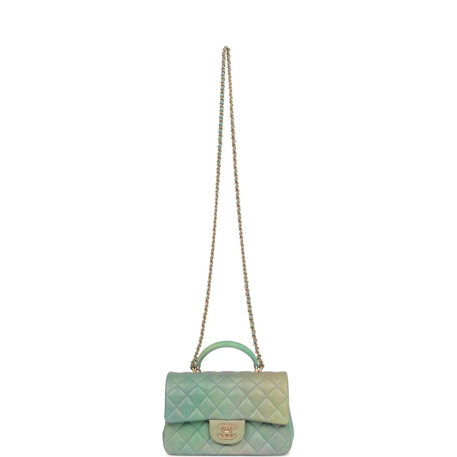 Chanel Mini Rectangular Flap Bag with Top Handle Green Ombre Lambskin Antique Gold Hardware