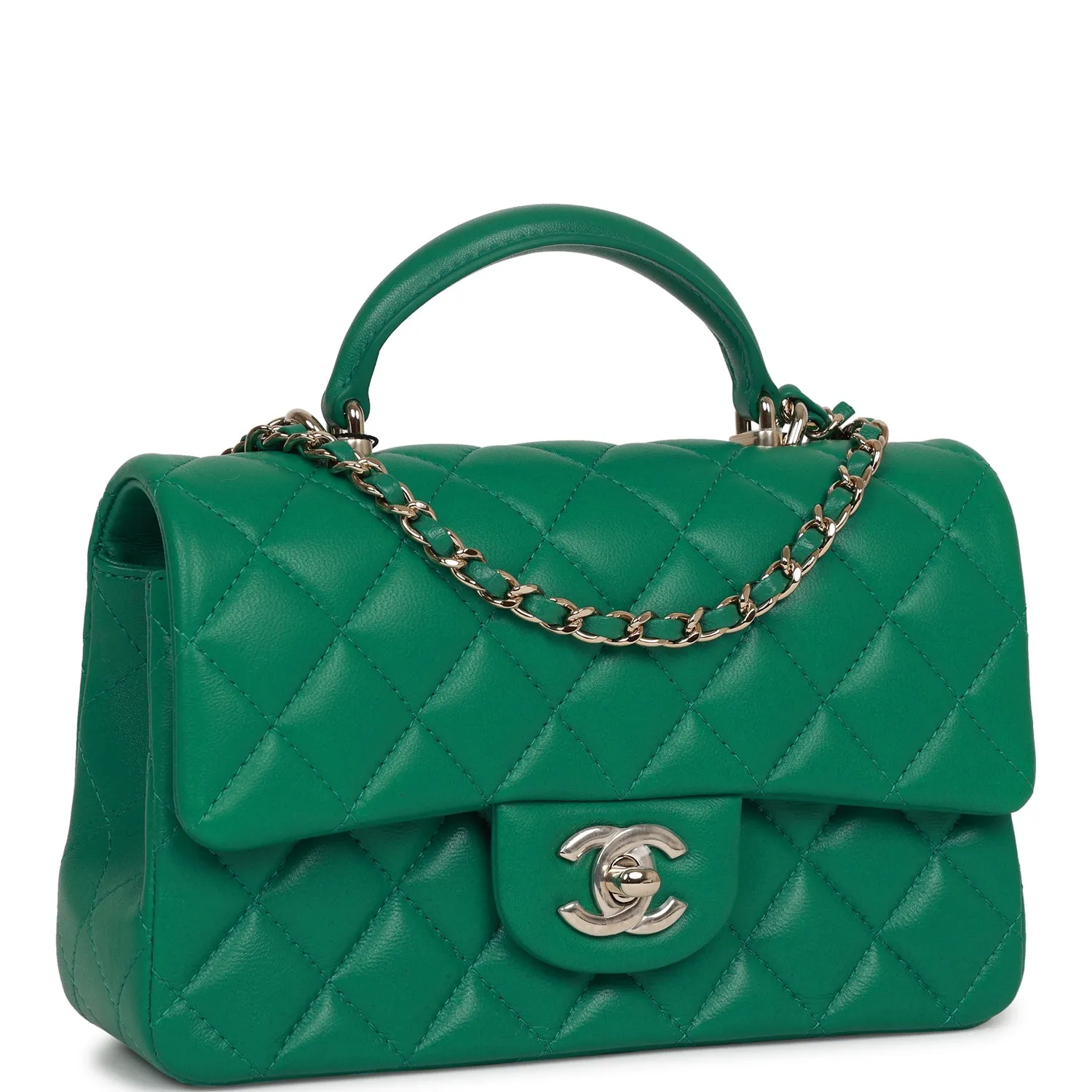 Chanel Mini Rectangular Flap with Top Handle Green Lambskin Light Gold Hardware