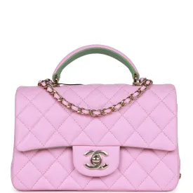 Chanel Mini Rectangular Flap with Top Handle Pink and Green Lambskin Light Gold Hardware