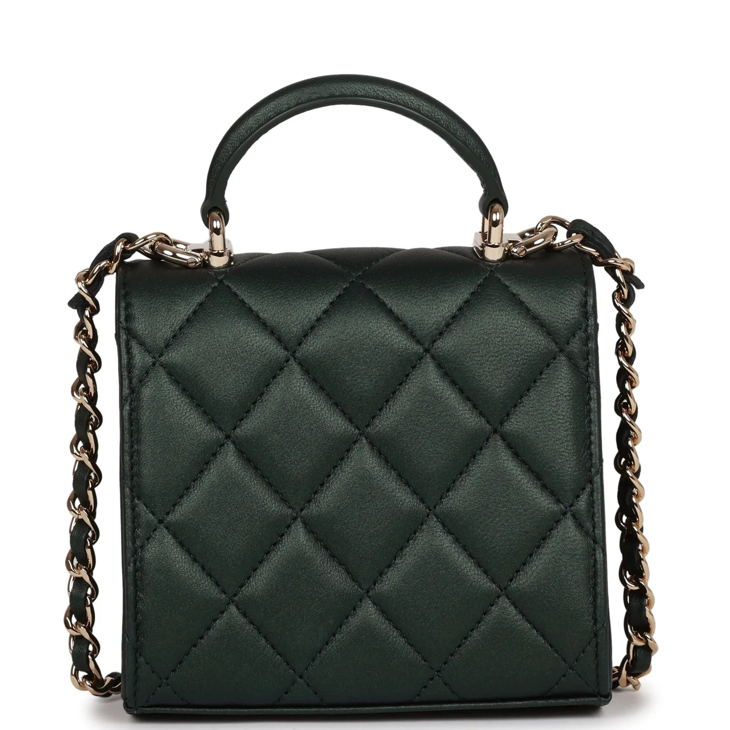 Chanel Mini Top Handle Clutch With Chain Dark Green Iridescent Lambskin Light Gold Hardware