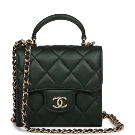 Chanel Mini Top Handle Clutch With Chain Dark Green Iridescent Lambskin Light Gold Hardware