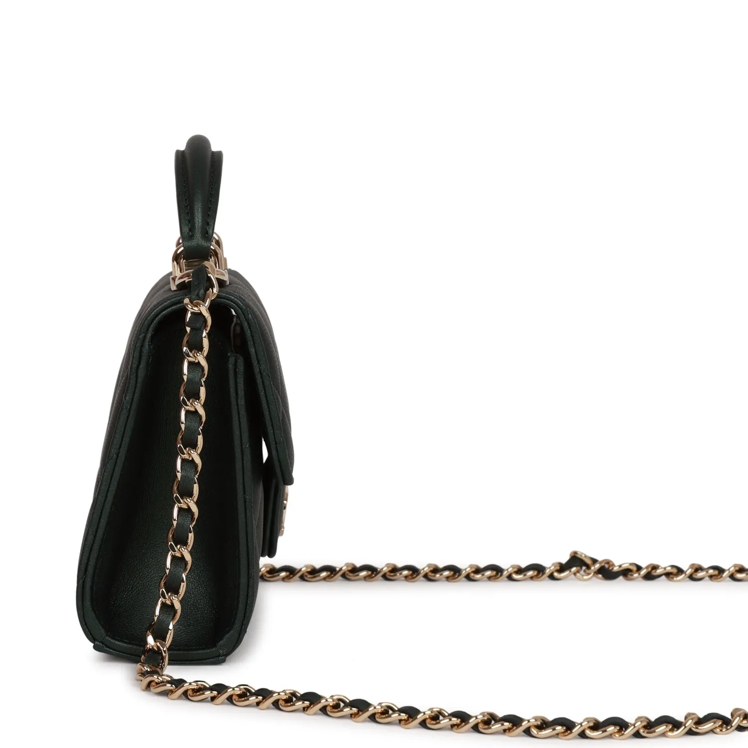 Chanel Mini Top Handle Clutch With Chain Dark Green Iridescent Lambskin Light Gold Hardware