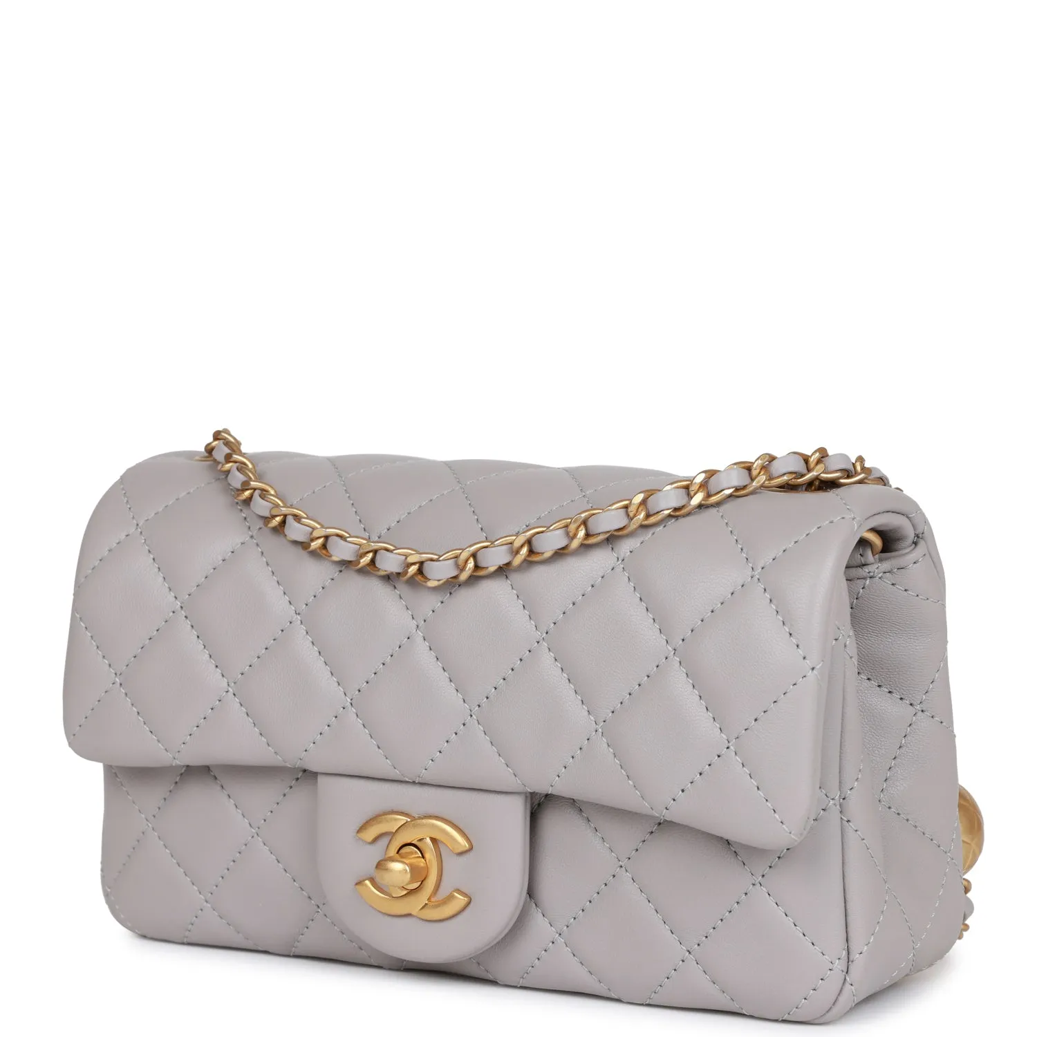 Chanel Pearl Crush Mini Rectangular Flap Bag Light Grey Lambskin Antique Gold Hardware