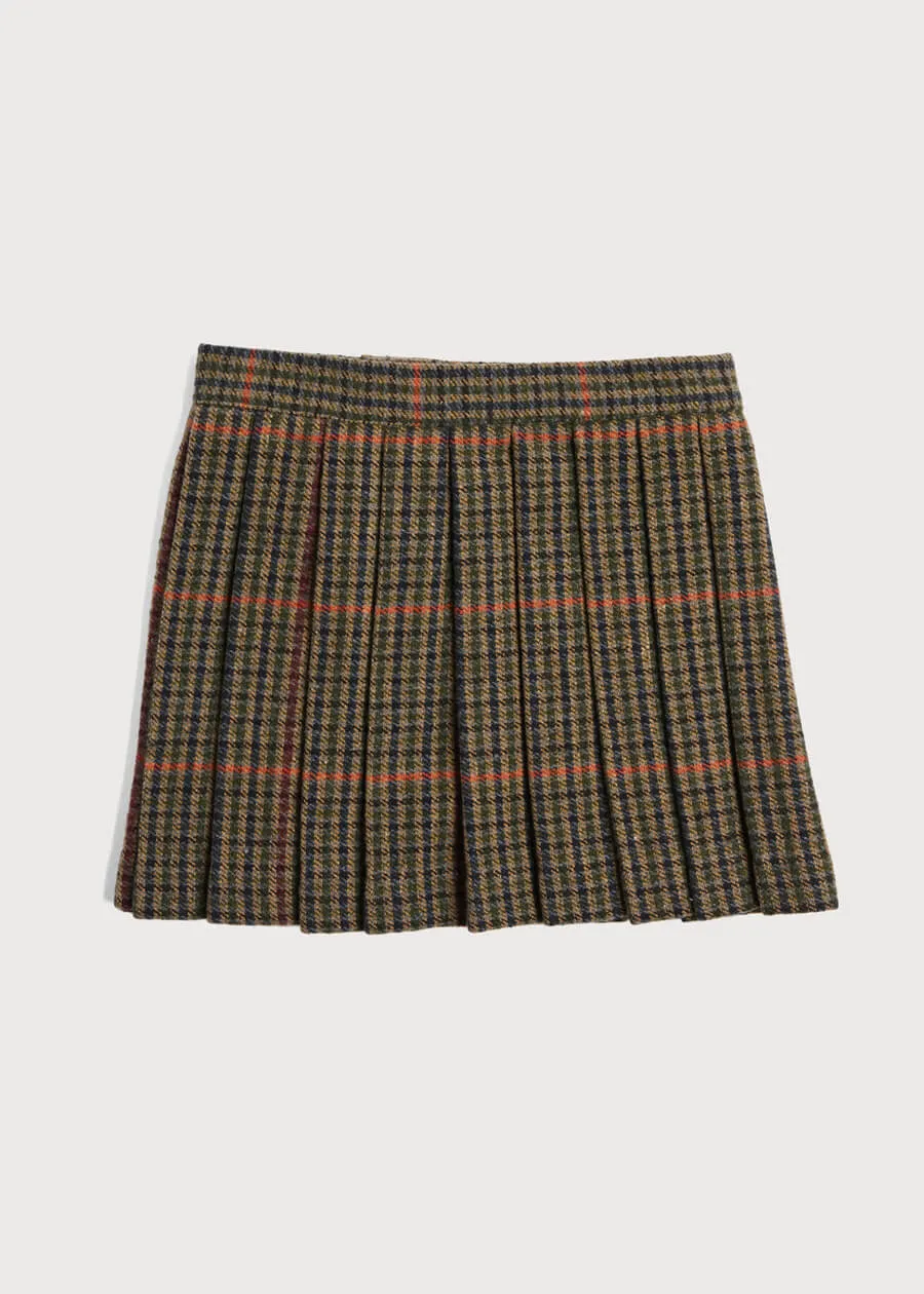 Checked Tweed Pleated Leather Buckled Kilt in Brown (2-10yrs)