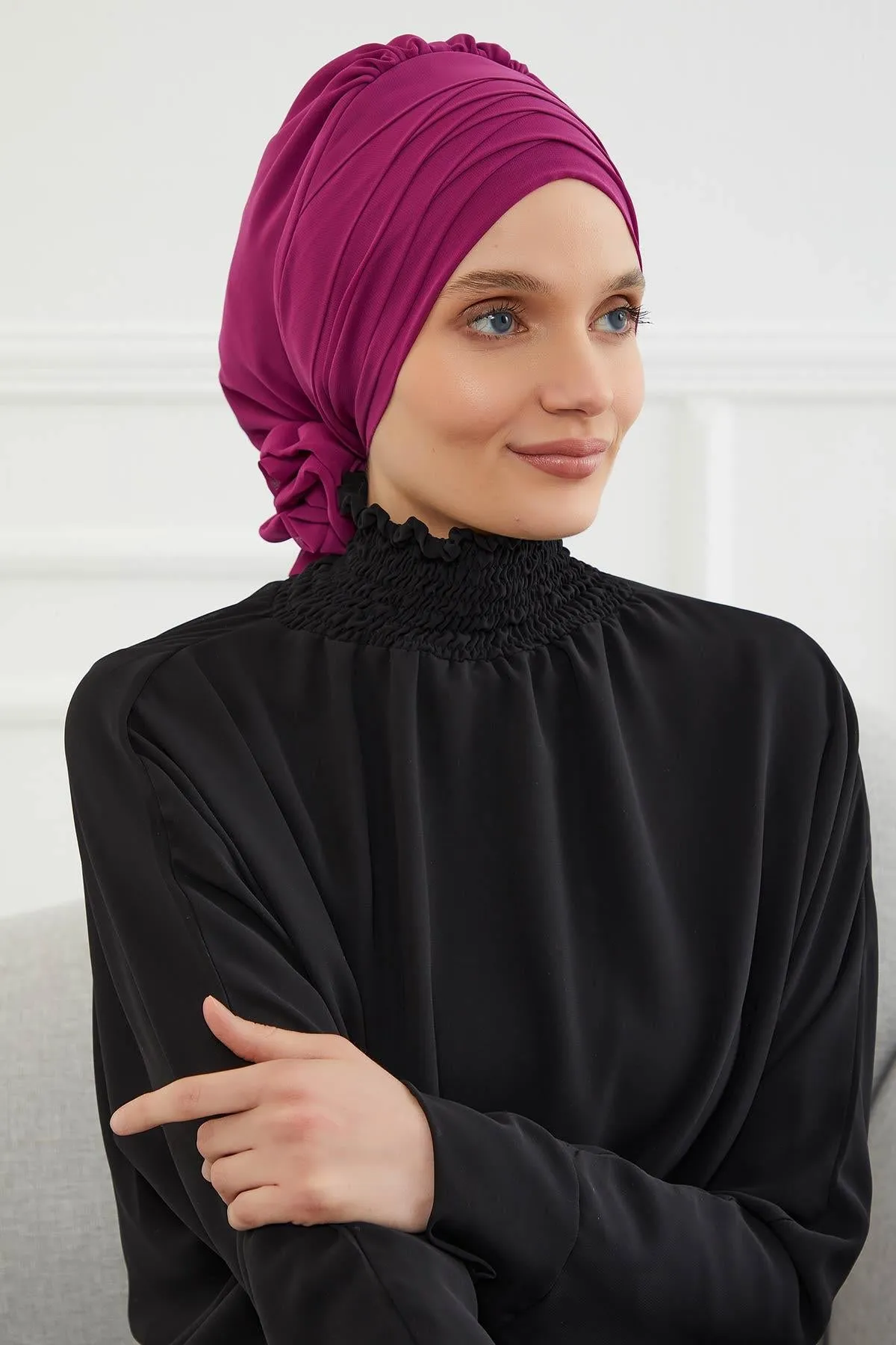 Chiffon Instant Turban with Cross-Stitch Tie Detail, Fashionable Adjustable Pre-Tied Headscarf Head Covering for Effortless Style,HT-30