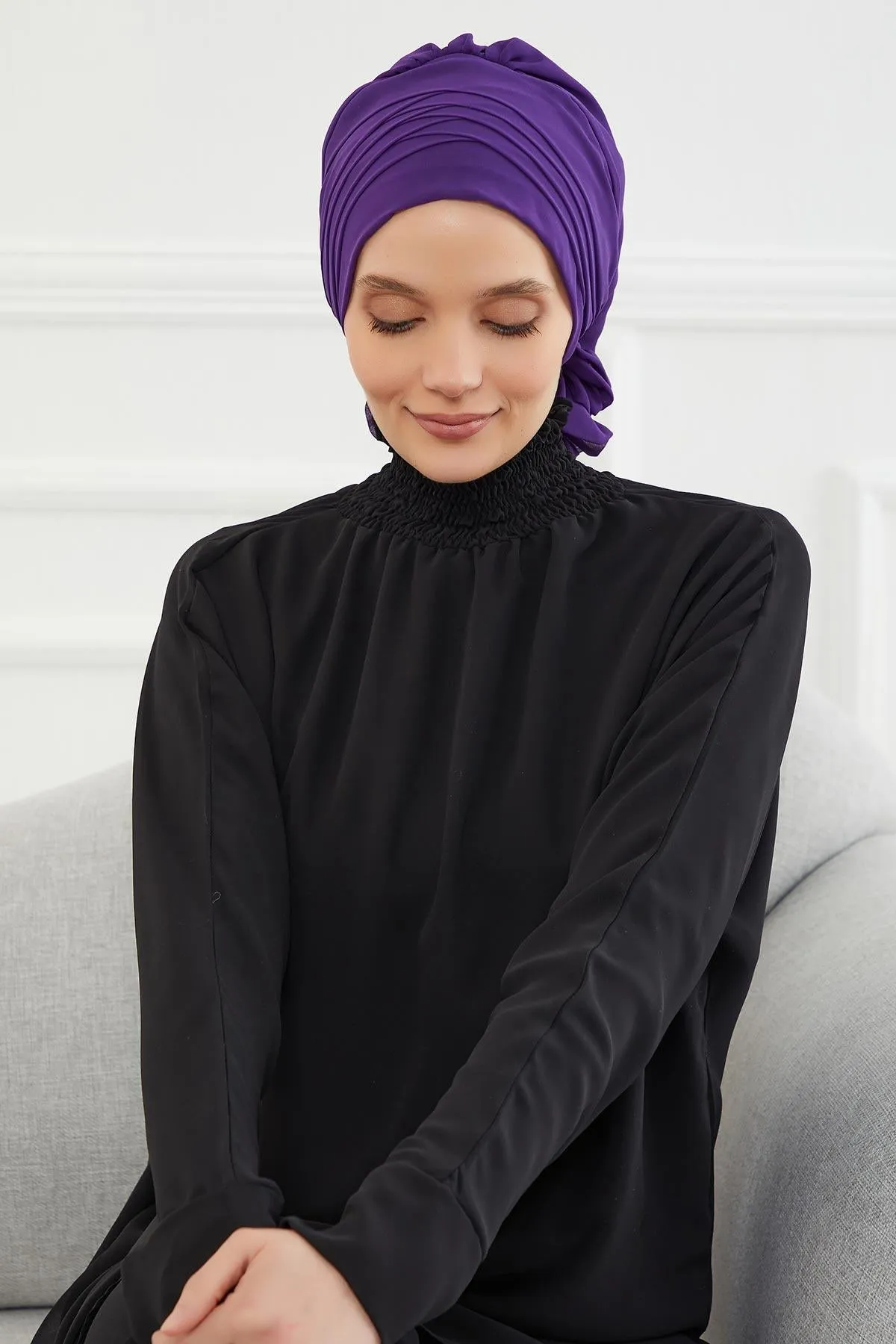 Chiffon Instant Turban with Cross-Stitch Tie Detail, Fashionable Adjustable Pre-Tied Headscarf Head Covering for Effortless Style,HT-30