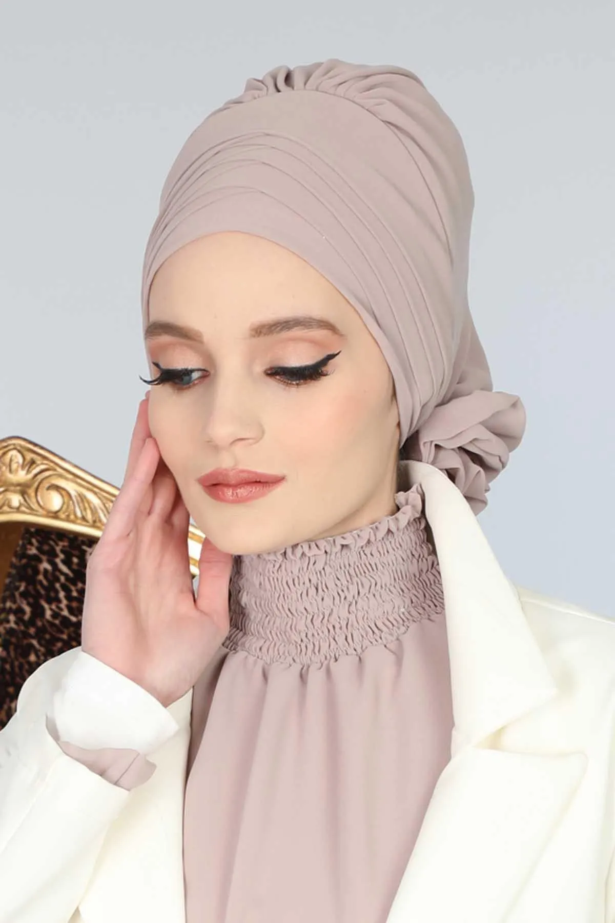 Chiffon Instant Turban with Cross-Stitch Tie Detail, Fashionable Adjustable Pre-Tied Headscarf Head Covering for Effortless Style,HT-30