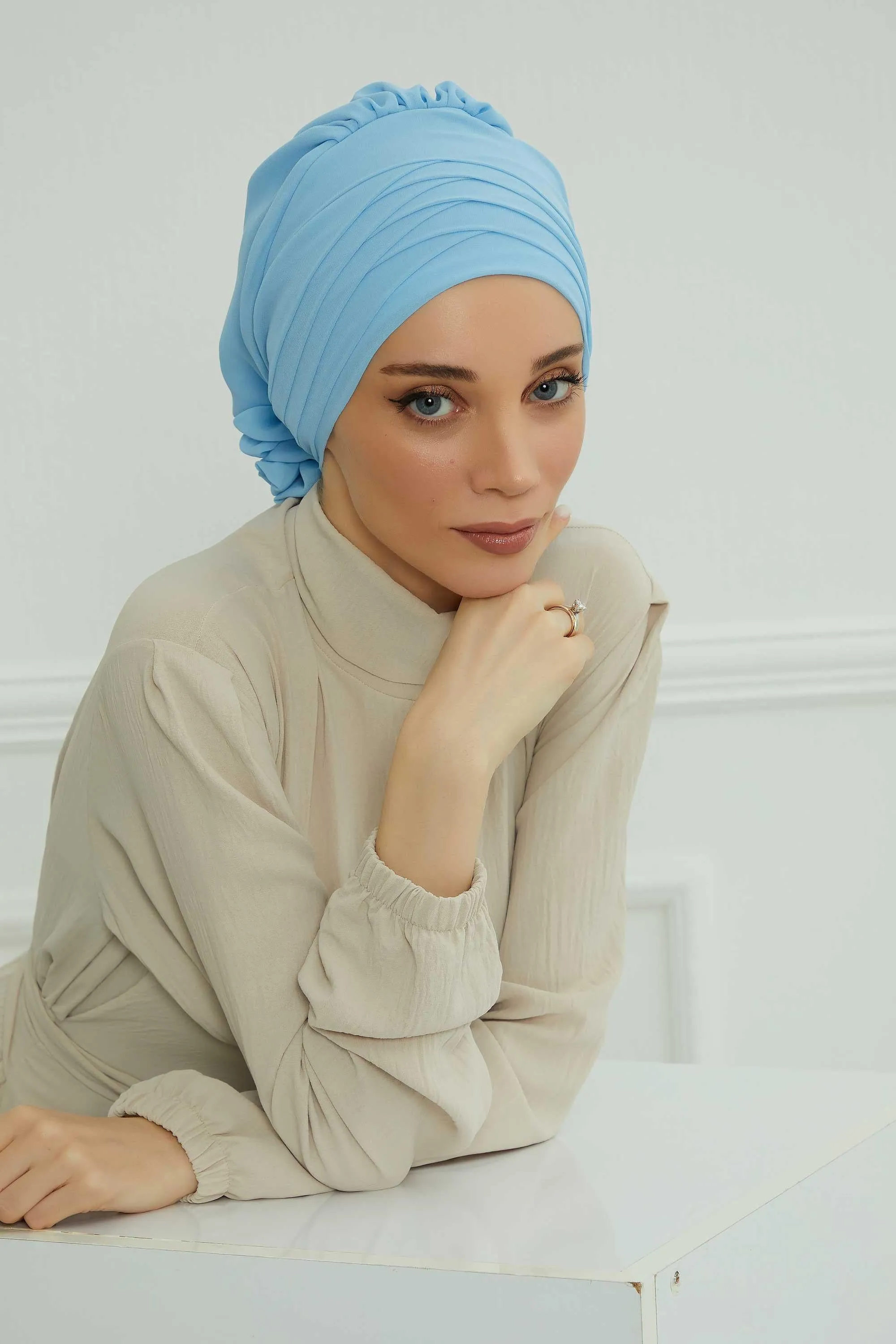 Chiffon Instant Turban with Cross-Stitch Tie Detail, Fashionable Adjustable Pre-Tied Headscarf Head Covering for Effortless Style,HT-30