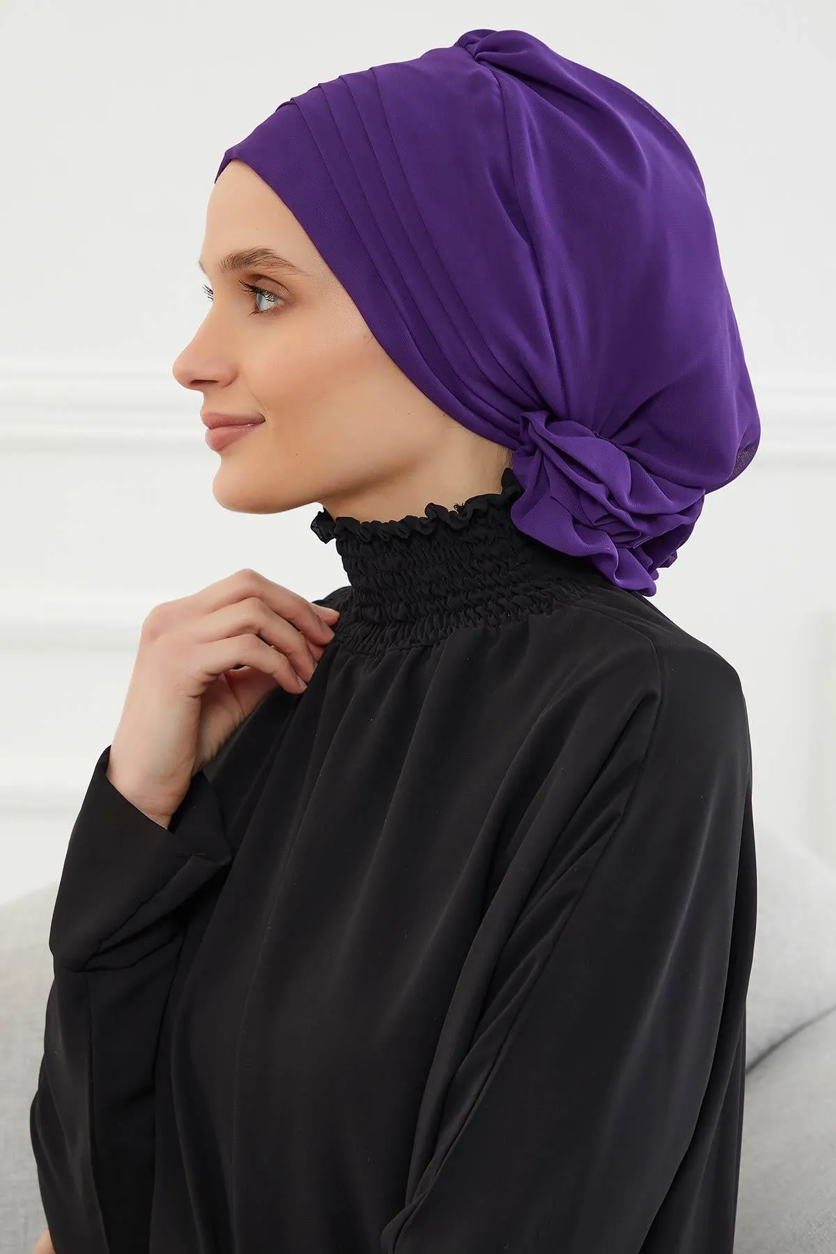 Chiffon Instant Turban with Cross-Stitch Tie Detail, Fashionable Adjustable Pre-Tied Headscarf Head Covering for Effortless Style,HT-30