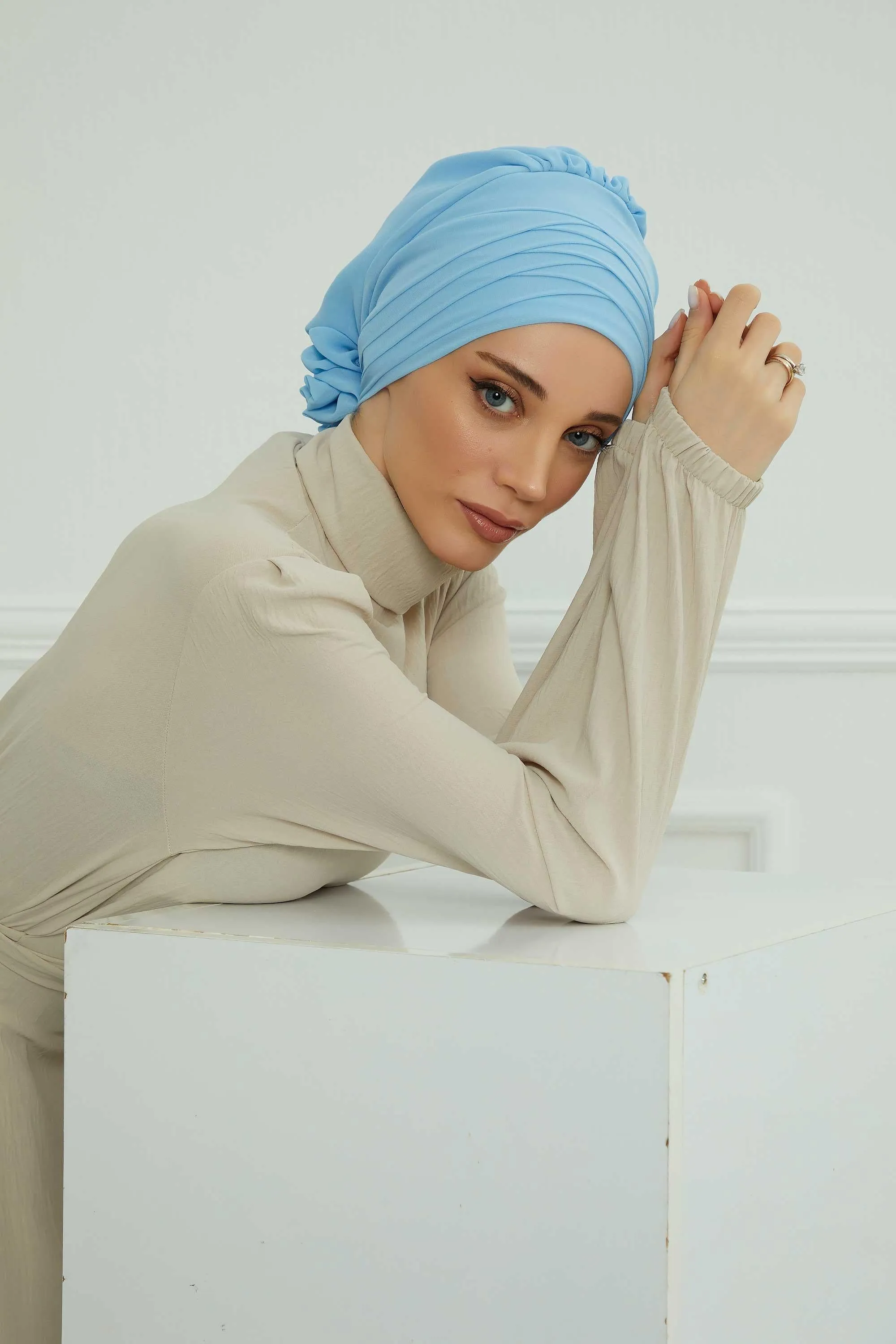 Chiffon Instant Turban with Cross-Stitch Tie Detail, Fashionable Adjustable Pre-Tied Headscarf Head Covering for Effortless Style,HT-30