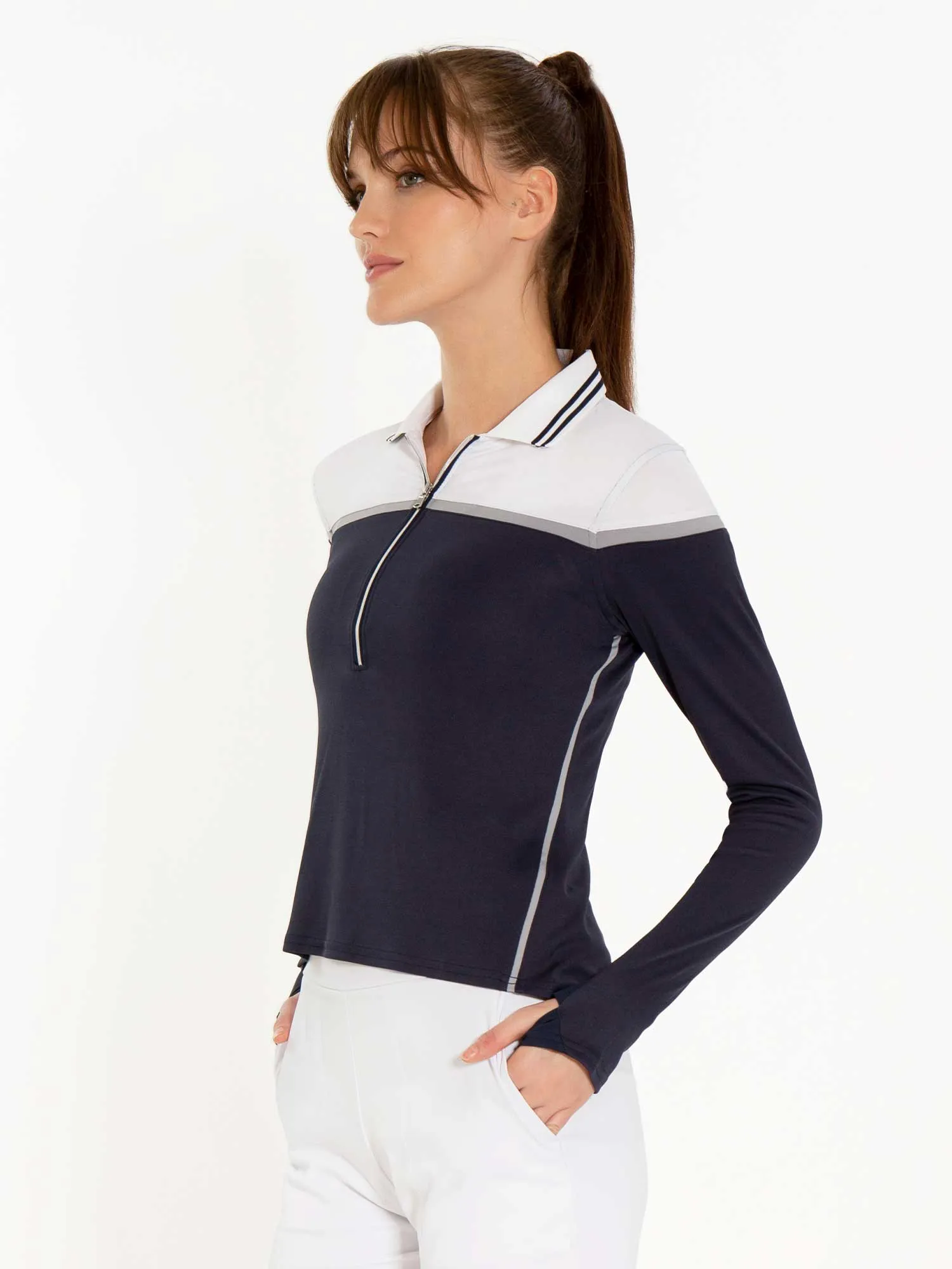 Chloe Performance Long Sleeve Polo - Midnight/White Combo