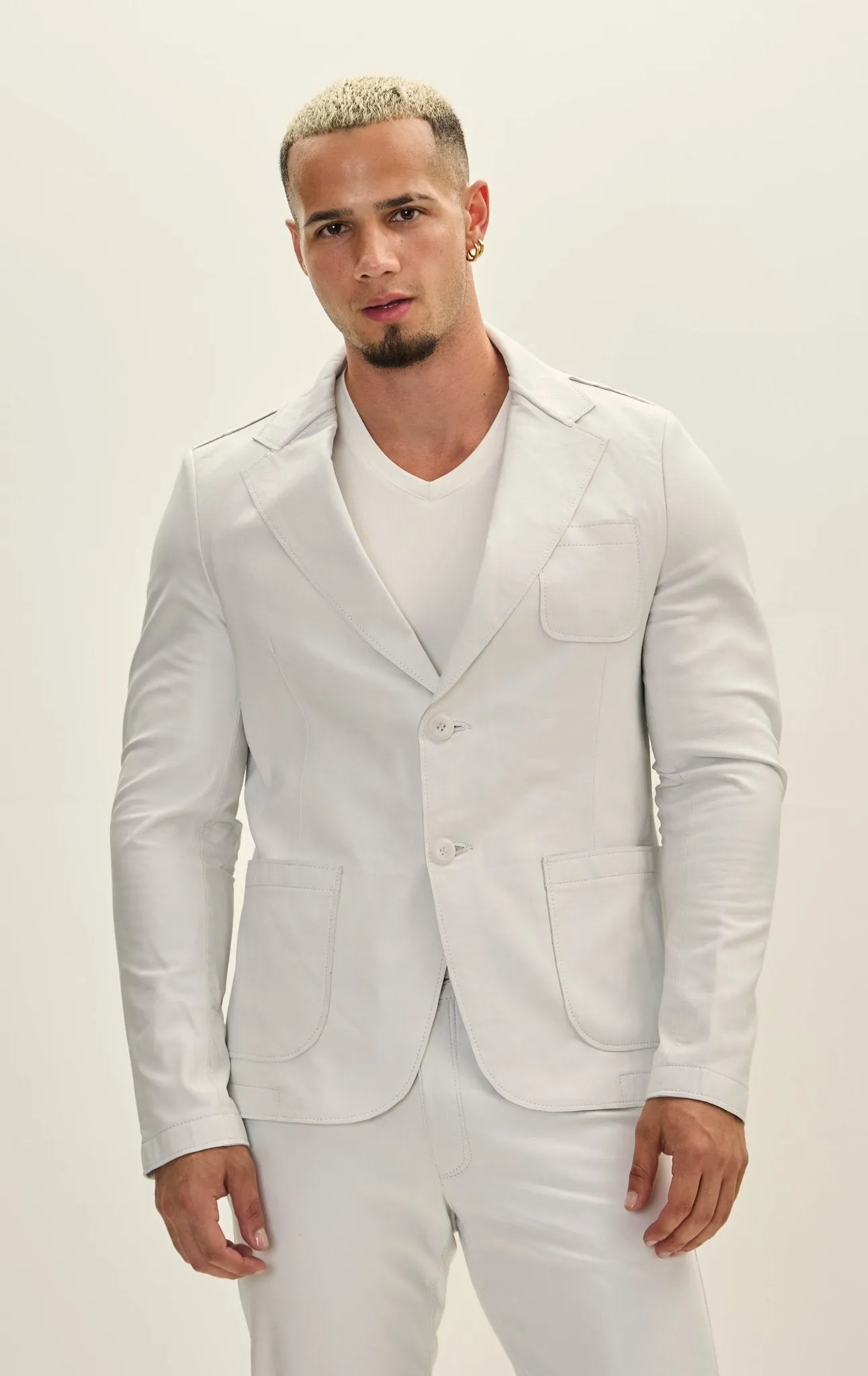 Classic Two-Button Leather Blazer - White