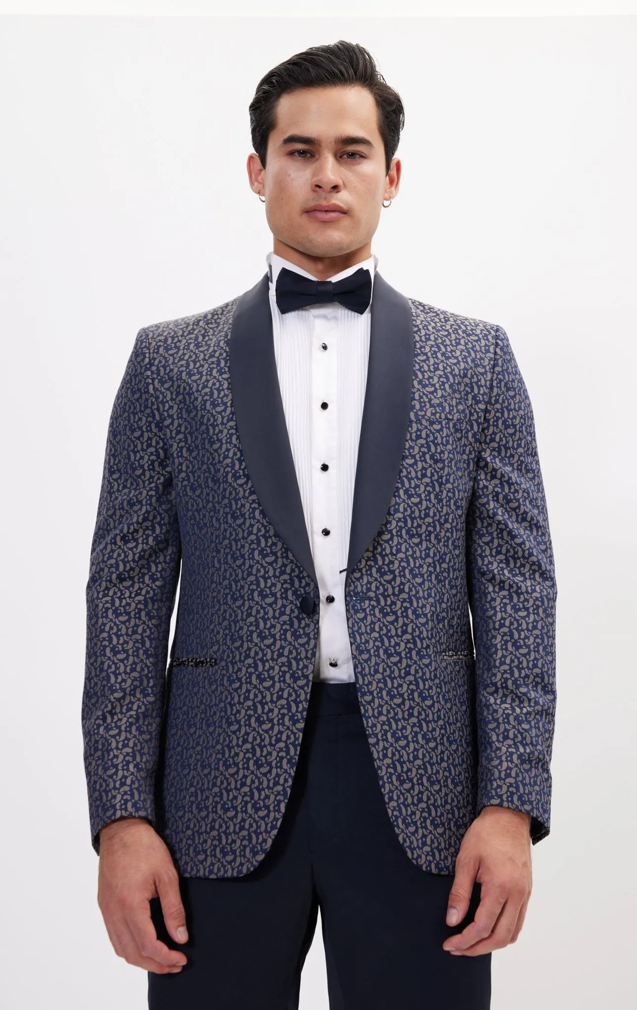 Contrast Shawl Lapel Tuxedo Jacket - Navy Beige