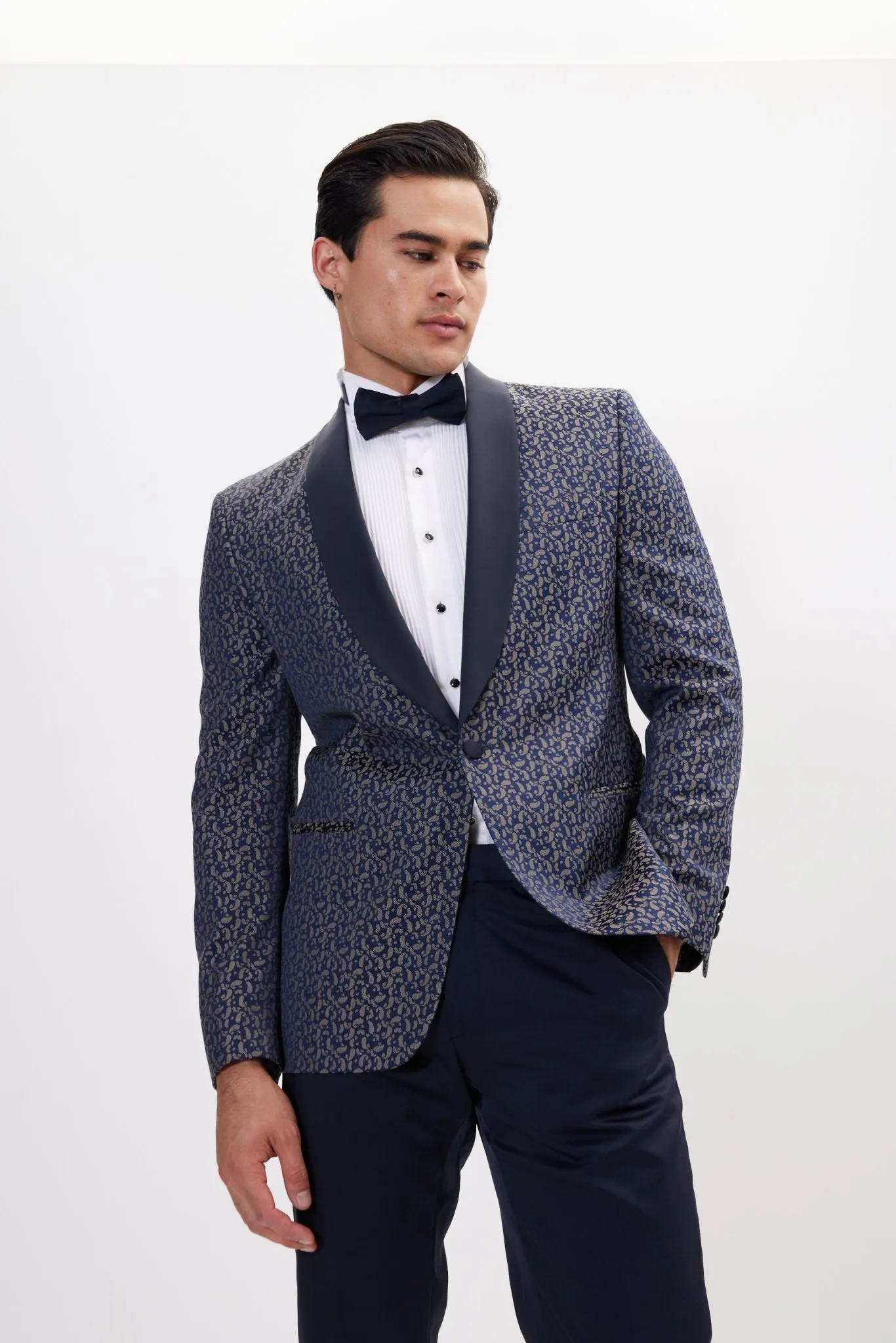 Contrast Shawl Lapel Tuxedo Jacket - Navy Beige