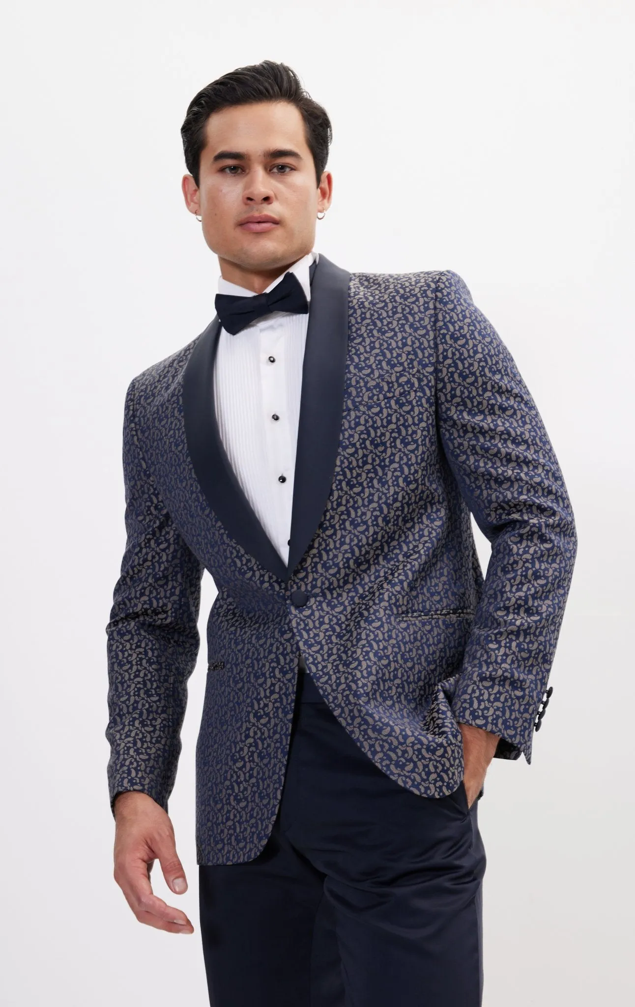 Contrast Shawl Lapel Tuxedo Jacket - Navy Beige