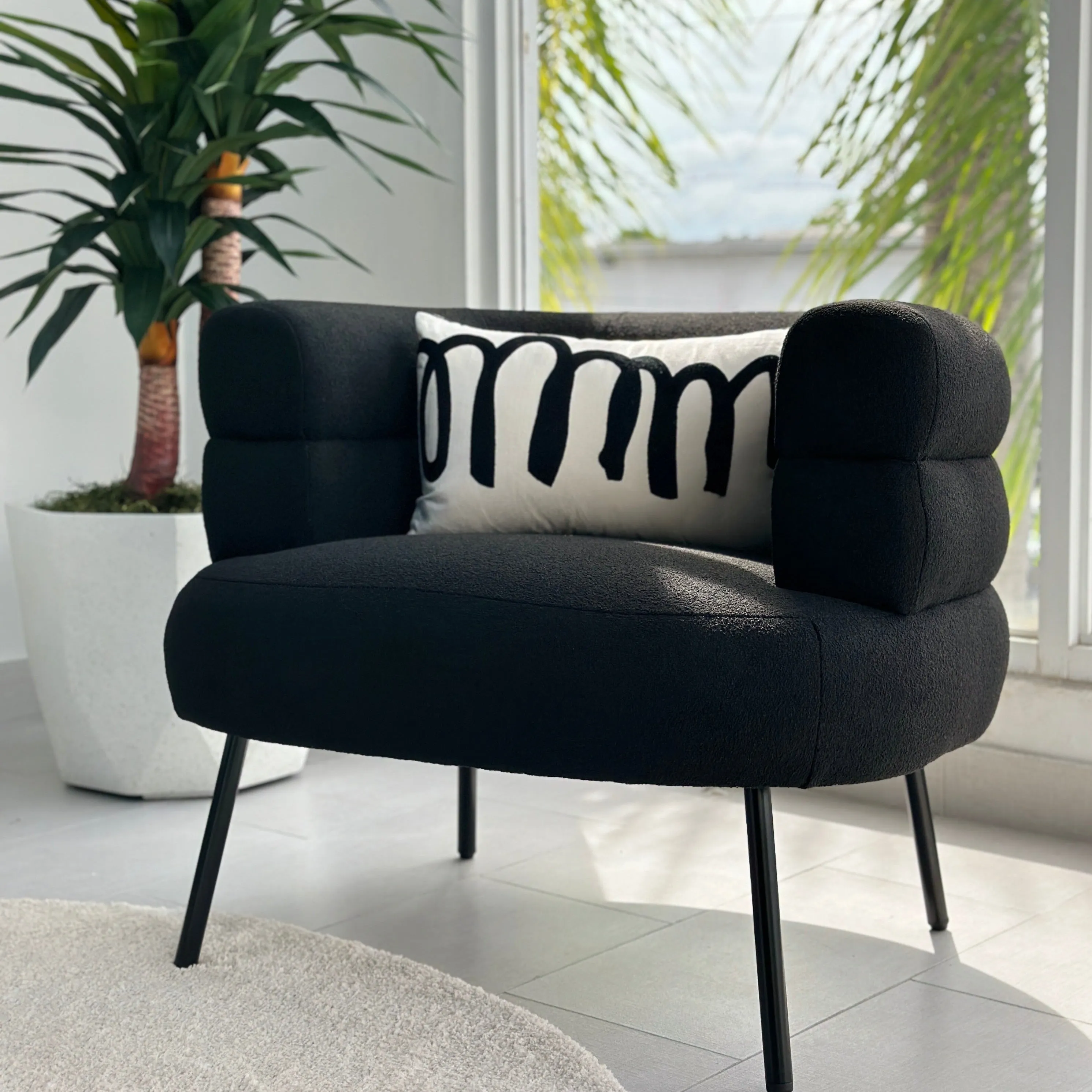 Curved Ribbed Black Accent Chair