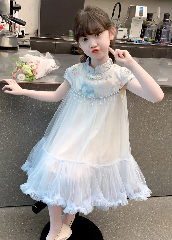 Cute Blue Print Patchwork Tassel Tulle Kids Long Dresses Summer MN027