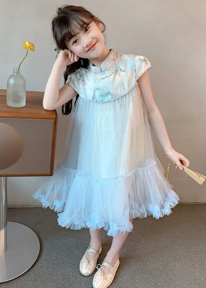 Cute Blue Print Patchwork Tassel Tulle Kids Long Dresses Summer MN027