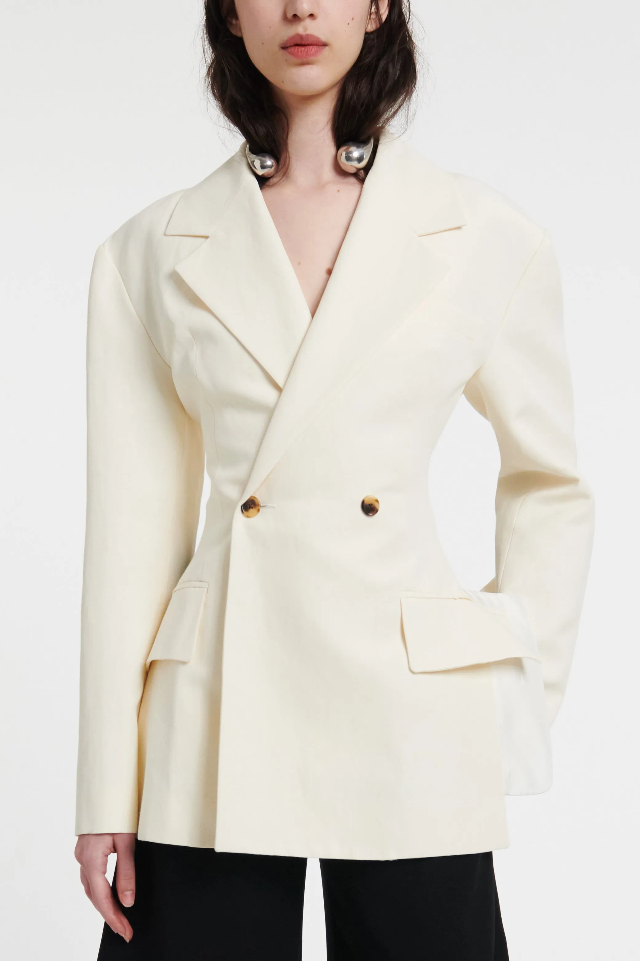 Double Breasted Jacket With Back Cutout And Ties Ecru