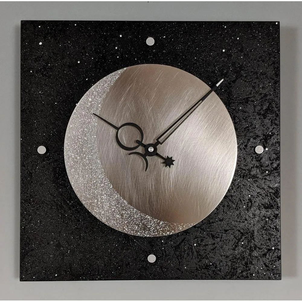 Eclipse Wall Clock in Hand Painted Wood and Textured Stainless Steel by Leonie Lacouette