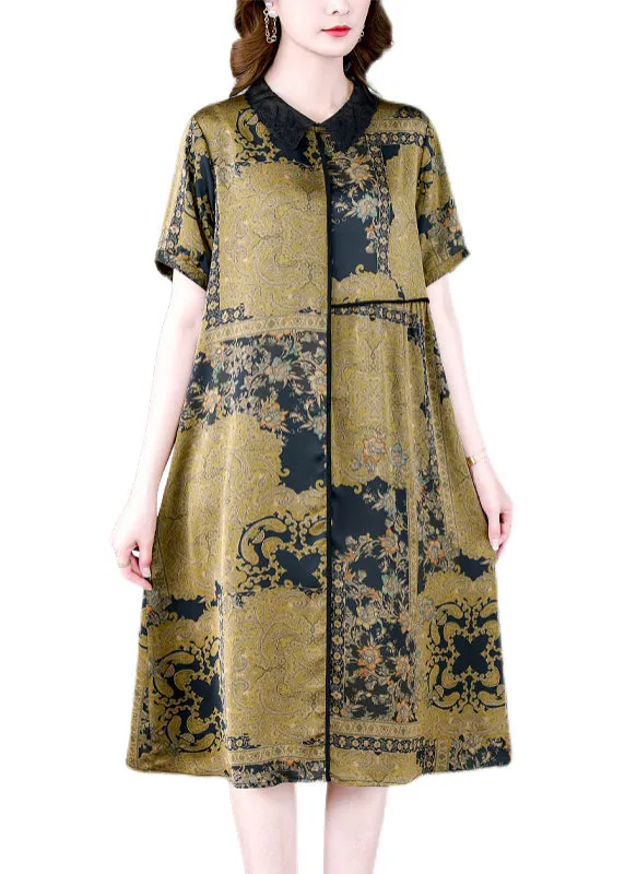 Elegant Green Peter Pan Collar Print Silk Dress Summer BB068