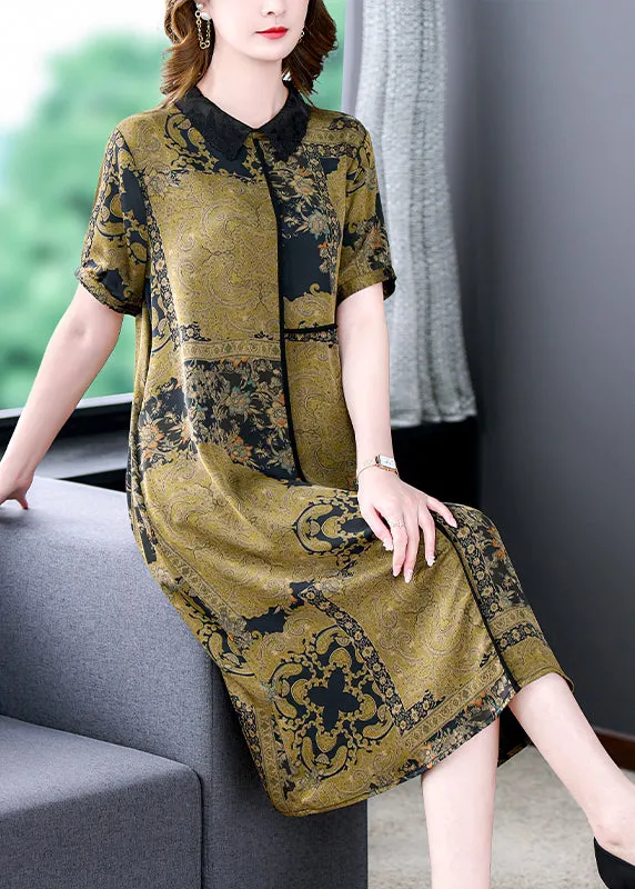 Elegant Green Peter Pan Collar Print Silk Dress Summer BB068