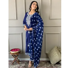 Embroidery Rayon 3 piece Women's Suit Blue