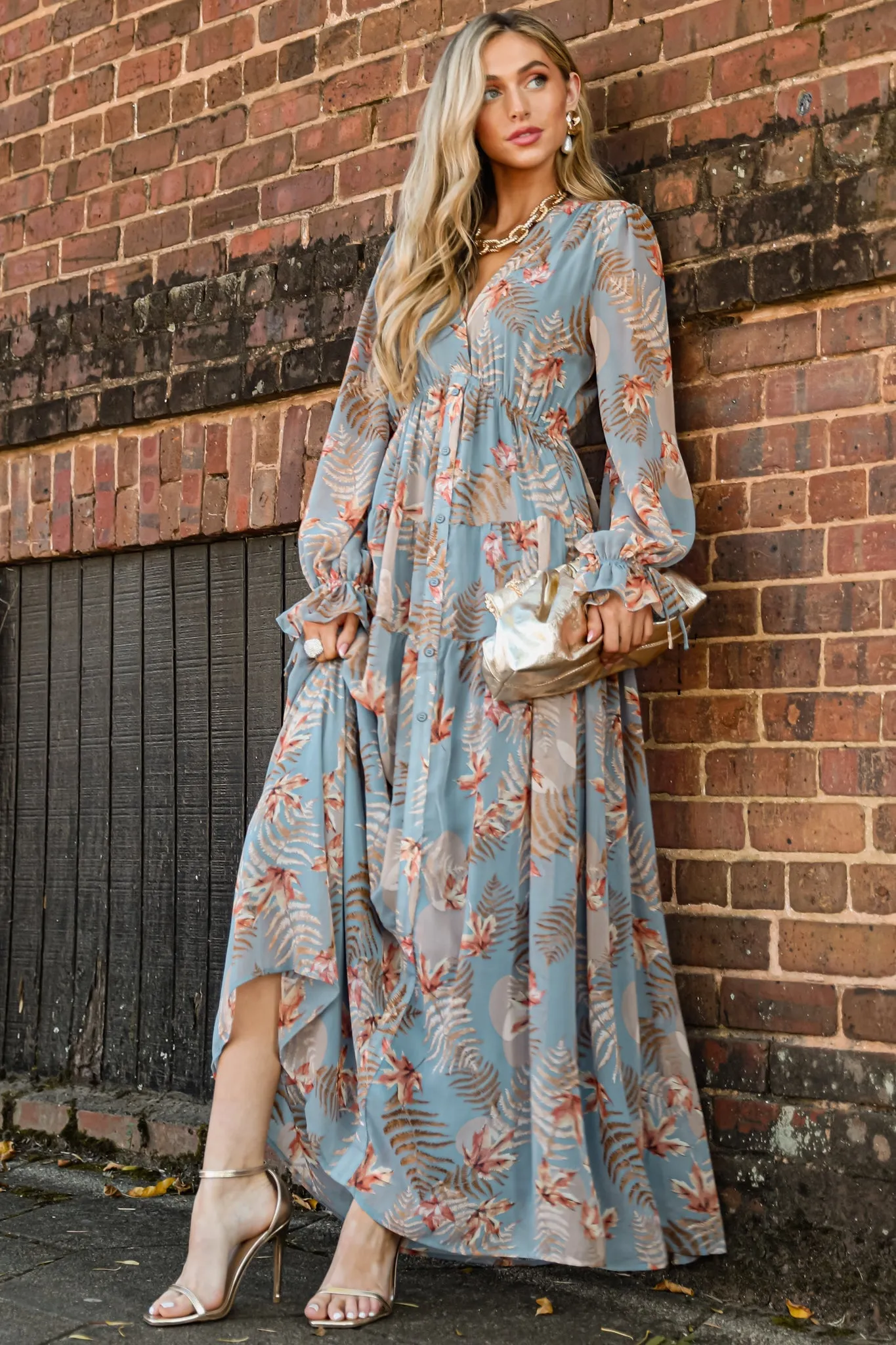 Enchanting Touch Sky Blue Print Maxi Dress