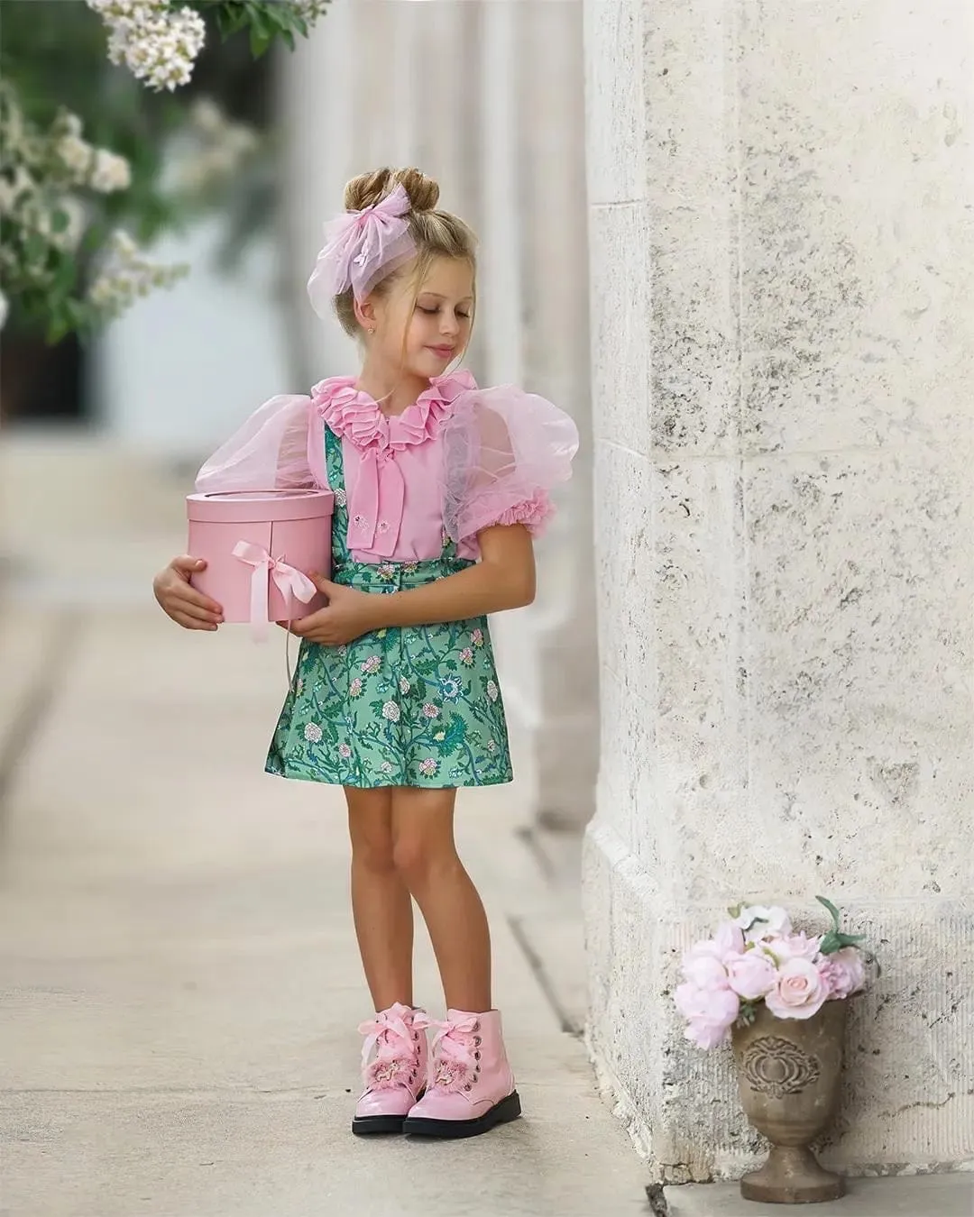 Eva Skirt and Blouse Pink and Green Floral Tulle Set