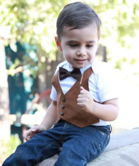 Fall Baby Clothes Boy Brown Suede Vest with Bow Tie Picture Outfit