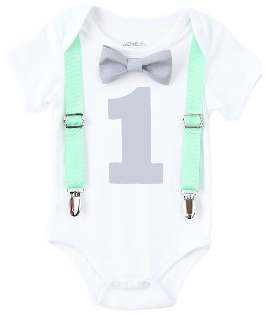 First Birthday Boy Mint and Grey - Mint Suspenders - Number One - Boys First Birthaday Clothes - Cute First Birthday - 1st - Grey Bow Tie