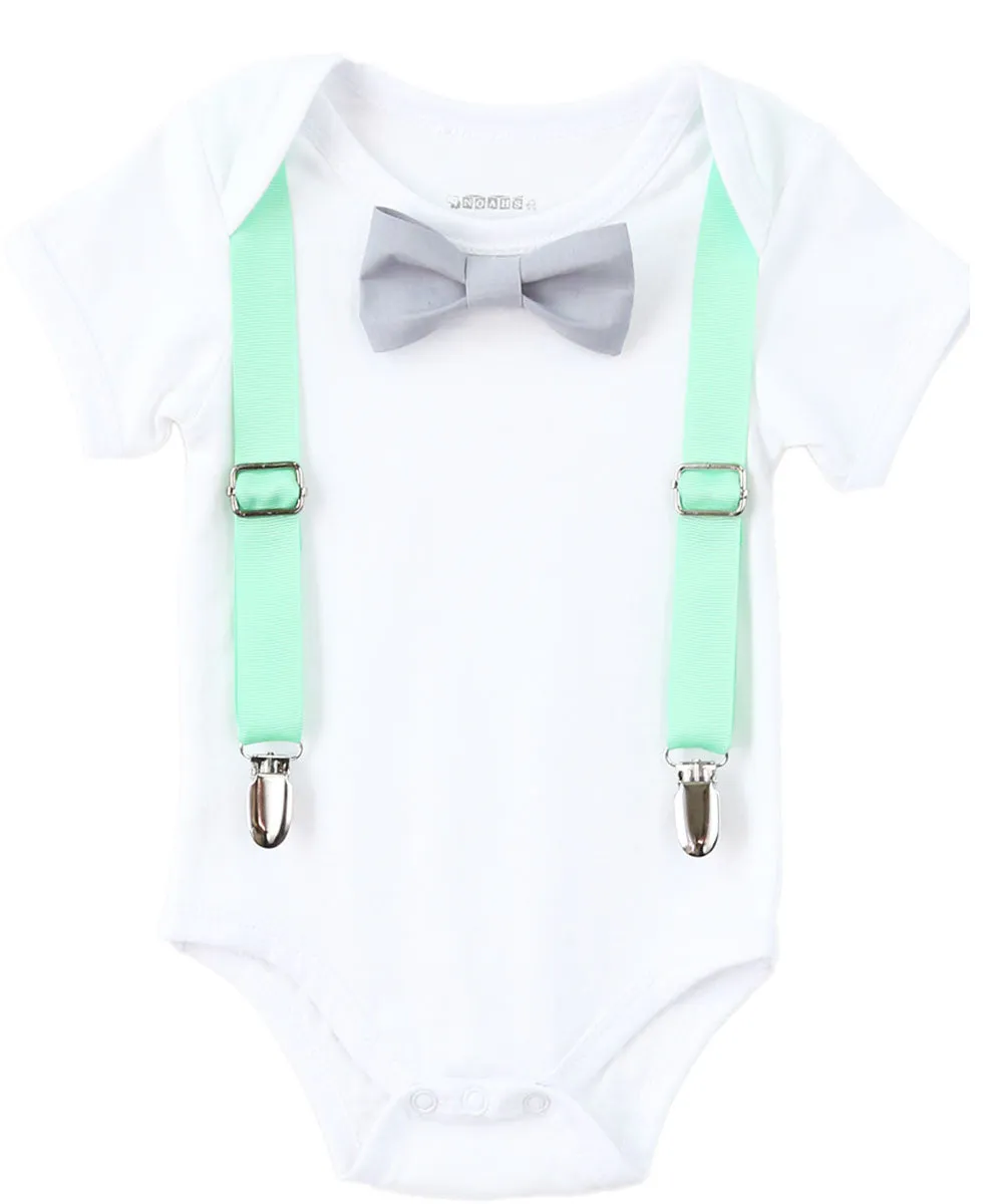 First Birthday Boy Mint and Grey - Mint Suspenders - Number One - Boys First Birthaday Clothes - Cute First Birthday - 1st - Grey Bow Tie