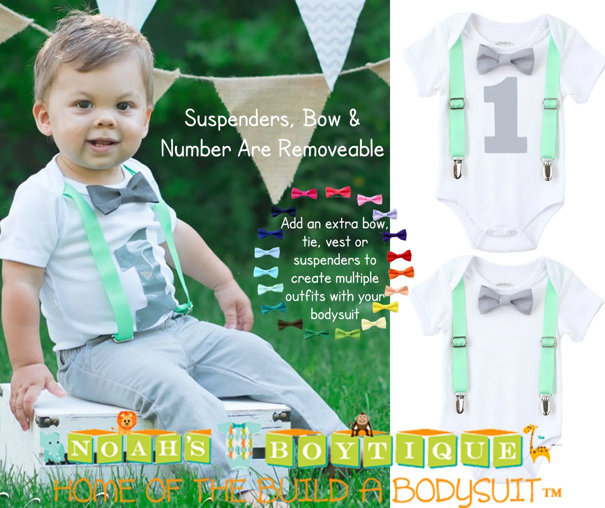 First Birthday Boy Mint and Grey - Mint Suspenders - Number One - Boys First Birthaday Clothes - Cute First Birthday - 1st - Grey Bow Tie