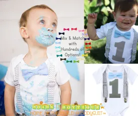 First Birthday Shirt Boy Grey Chevron and Light Baby Blue Bow Tie