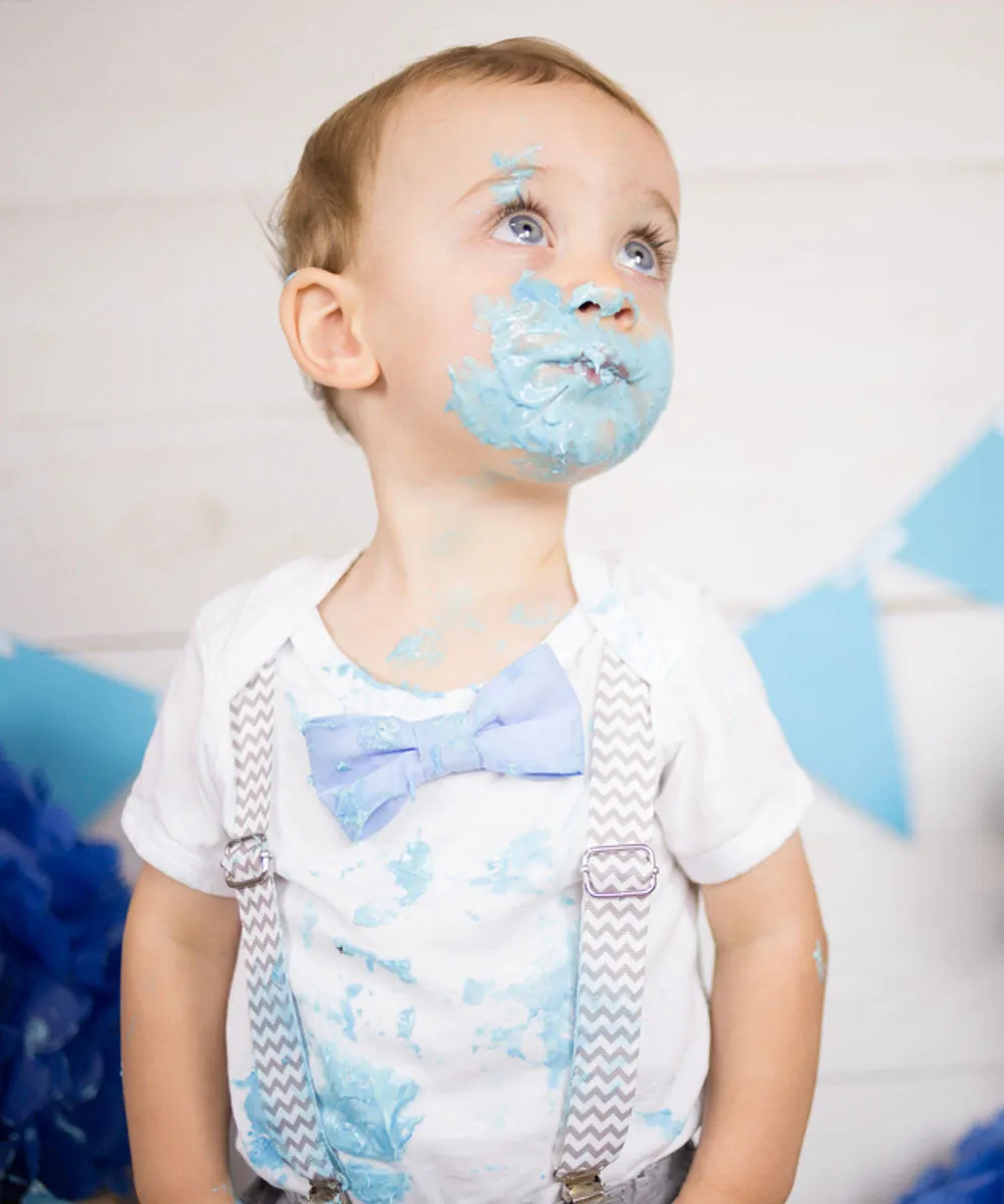 First Birthday Shirt Boy Grey Chevron and Light Baby Blue Bow Tie